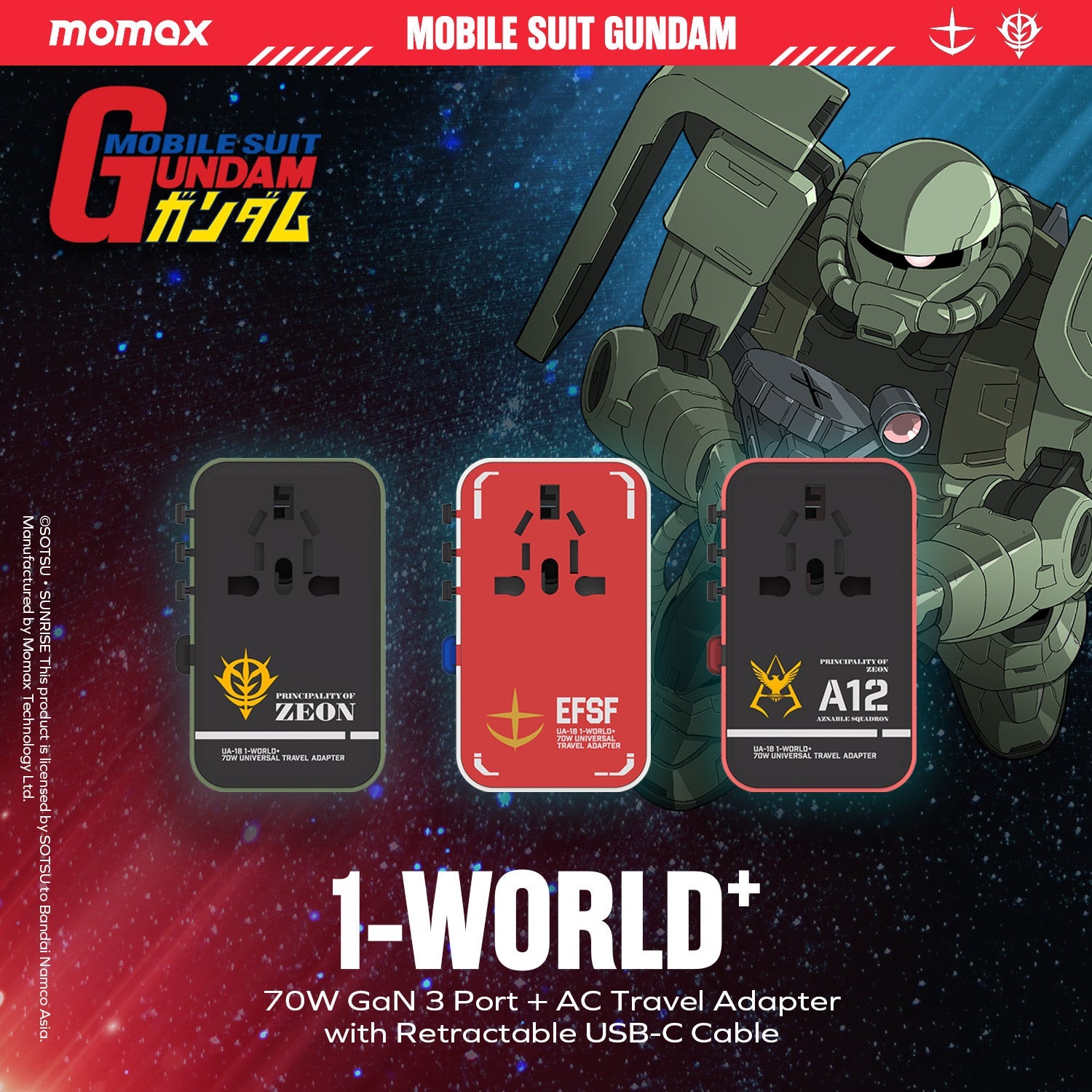 1-World+ 3-Port Travel GaN Charger With Built-in USB-C Cable 70W Gundam - Image 2