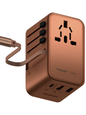 1-World+ 3-Port Travel GaN Charger With Built-in USB-C Cable 70W