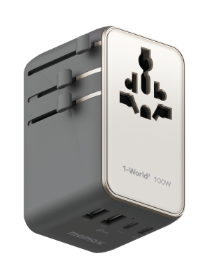 1-World²⁺ 4-Port Mini Universal Travel GaN Charger with Built-In Retractable Cable 100W with Dual AC