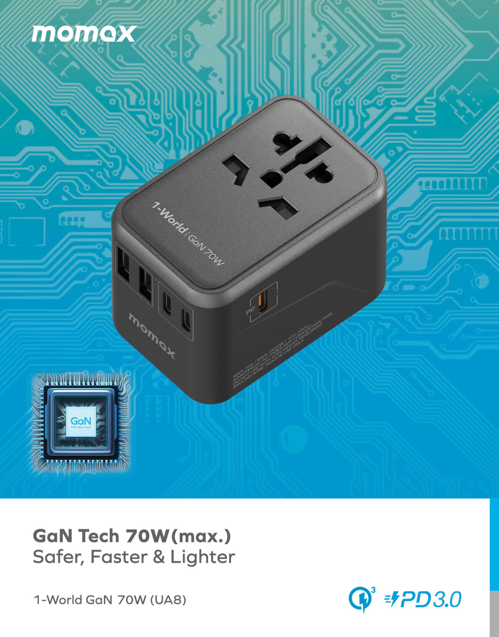 1-World Universal 5-Port Travel GaN Charger 70W - Image 3